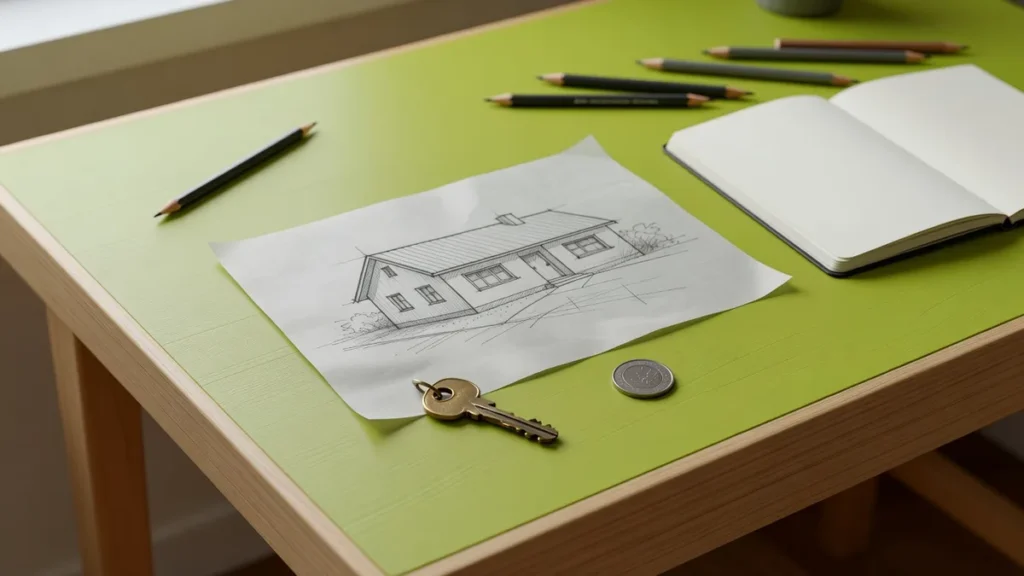 Croquis de maison posé sur un bureau autour d'une clé, d'une pièce et d'un carnet