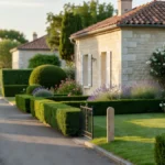 Maison individuelle avec panneau de vente discret, façade lumineuse