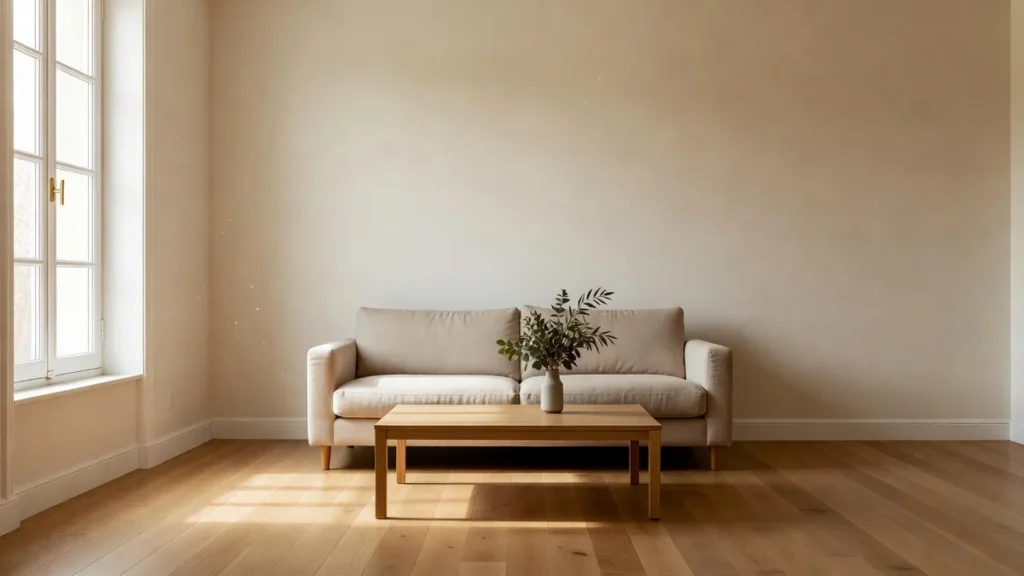 Salon vidé et préparé pour une visite immobilière, lumière naturelle et murs propres