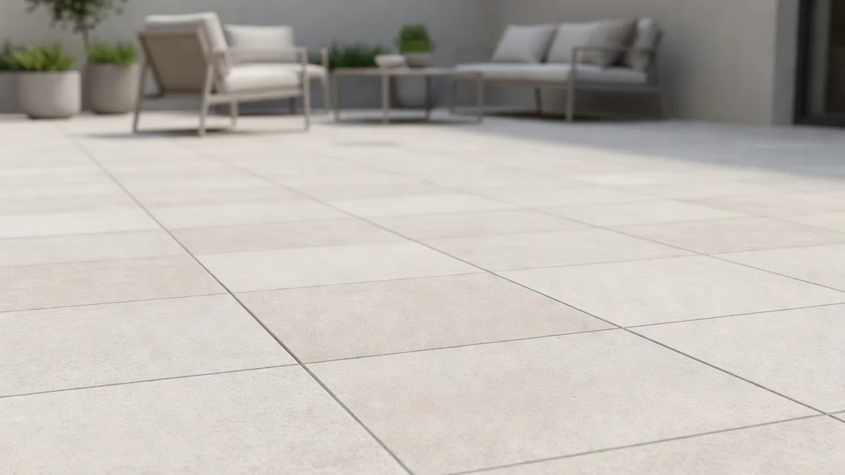 Surface de terrasse en carrelage extérieur antidérapant clair, texture sablée et joints réguliers sous lumière naturelle