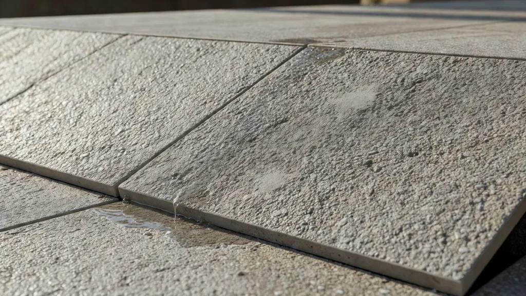 Détail d'un carrelage extérieur antidérapant avec grain sablé et joint drainant qui évacue l'eau