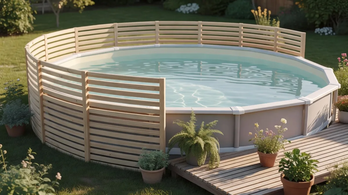 Piscine hors sol tubulaire intégrée au jardin avec habillage autoportant à claire-voie en bois clair posé sans toucher la structure