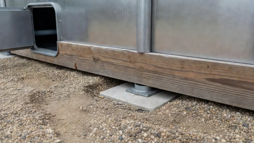Détail d'habillage piscine tubulaire montrant la lame d'air au sol, l'ancrage sur dalle et la trappe d'accès à la filtration