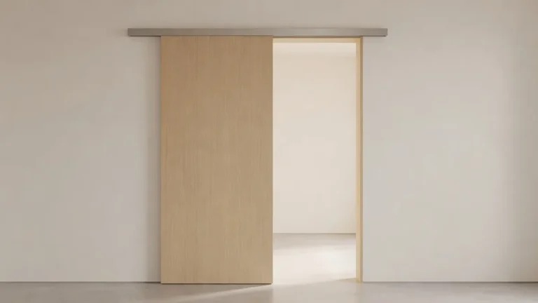 Porte coulissante intérieure ouverte le long d'un mur dans un intérieur lumineux, rail visible en haut de l'ouverture