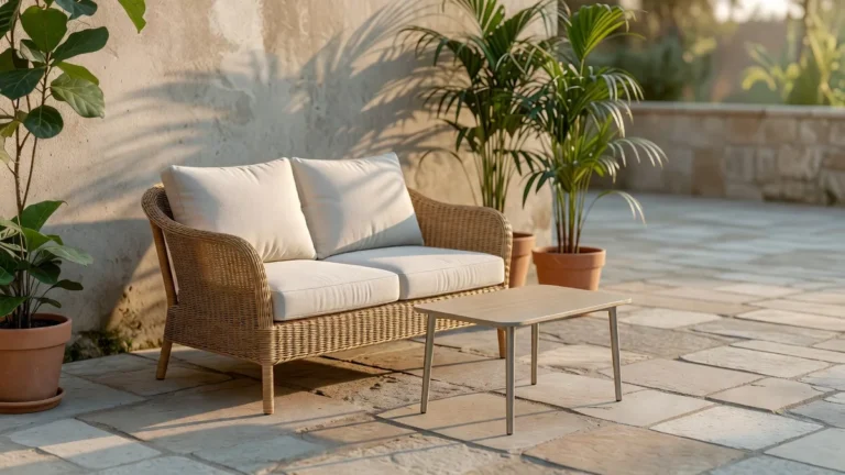 Petit salon de jardin avec canapé deux places et plantes en pot sur une terrasse compacte au sol