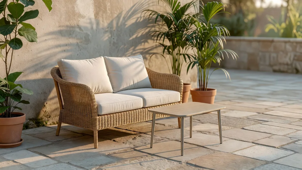 Petit salon de jardin avec canapé deux places et plantes en pot sur une terrasse compacte au sol