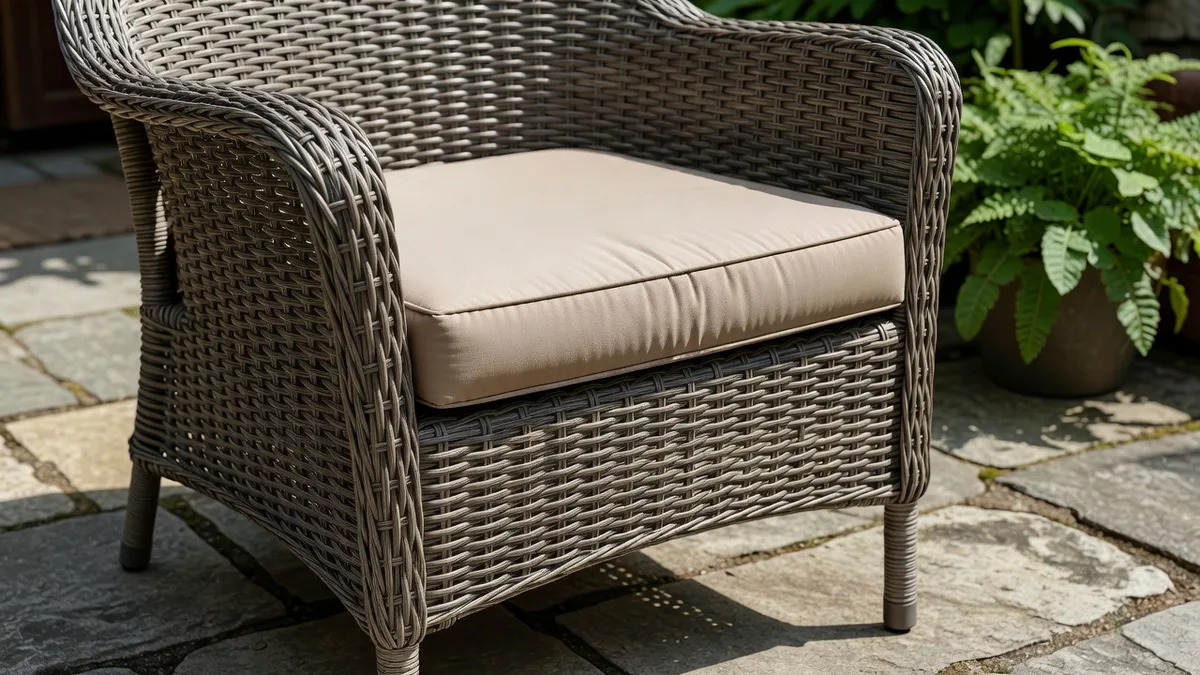 Fauteuil de salon de jardin en résine tressée avec coussin déperlant sur une terrasse en pierre