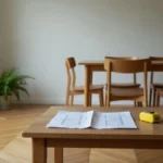 Plan de lot et mètre ruban posés sur une table dans une pièce de vie baignée de lumière naturelle