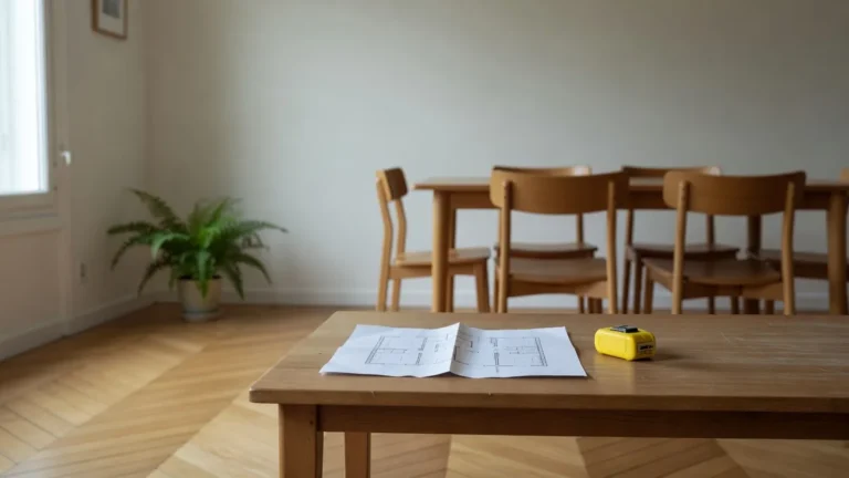 Plan de lot et mètre ruban posés sur une table dans une pièce de vie baignée de lumière naturelle
