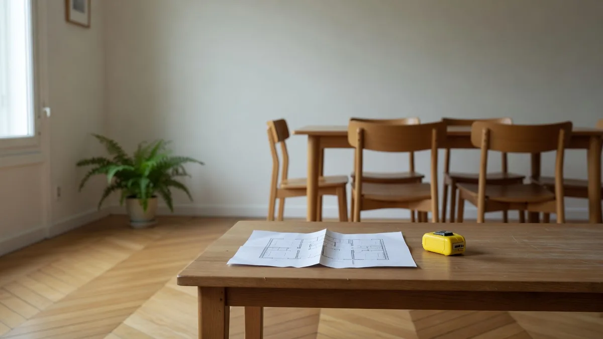 Plan de lot et mètre ruban posés sur une table dans une pièce de vie baignée de lumière naturelle