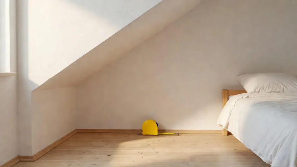 Mètre posé le long d'un mur sous pente pour mesurer la hauteur sous plafond d'une chambre sous les toits
