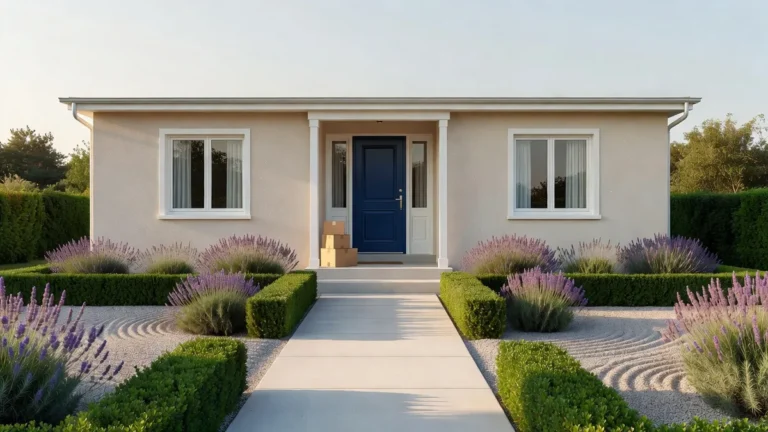 Maison individuelle avec jardin préparée pour la vente, façade propre et entrée dégagée