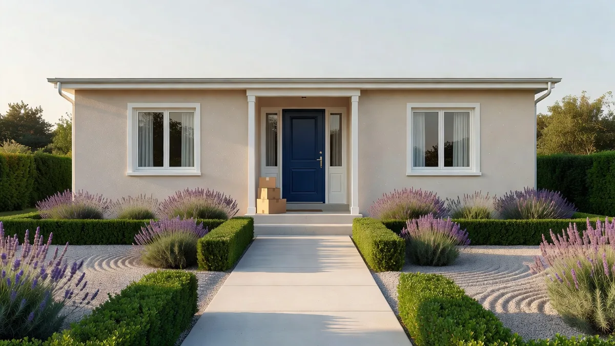Maison individuelle avec jardin préparée pour la vente, façade propre et entrée dégagée