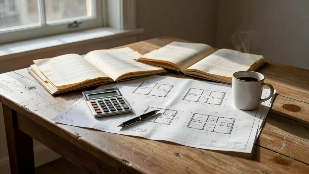 Table de travail avec dossiers de diagnostics immobiliers, plans de maison et calculatrice
