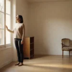 Séjour baigné de lumière naturelle vu depuis l'entrée pendant une visite immobilière