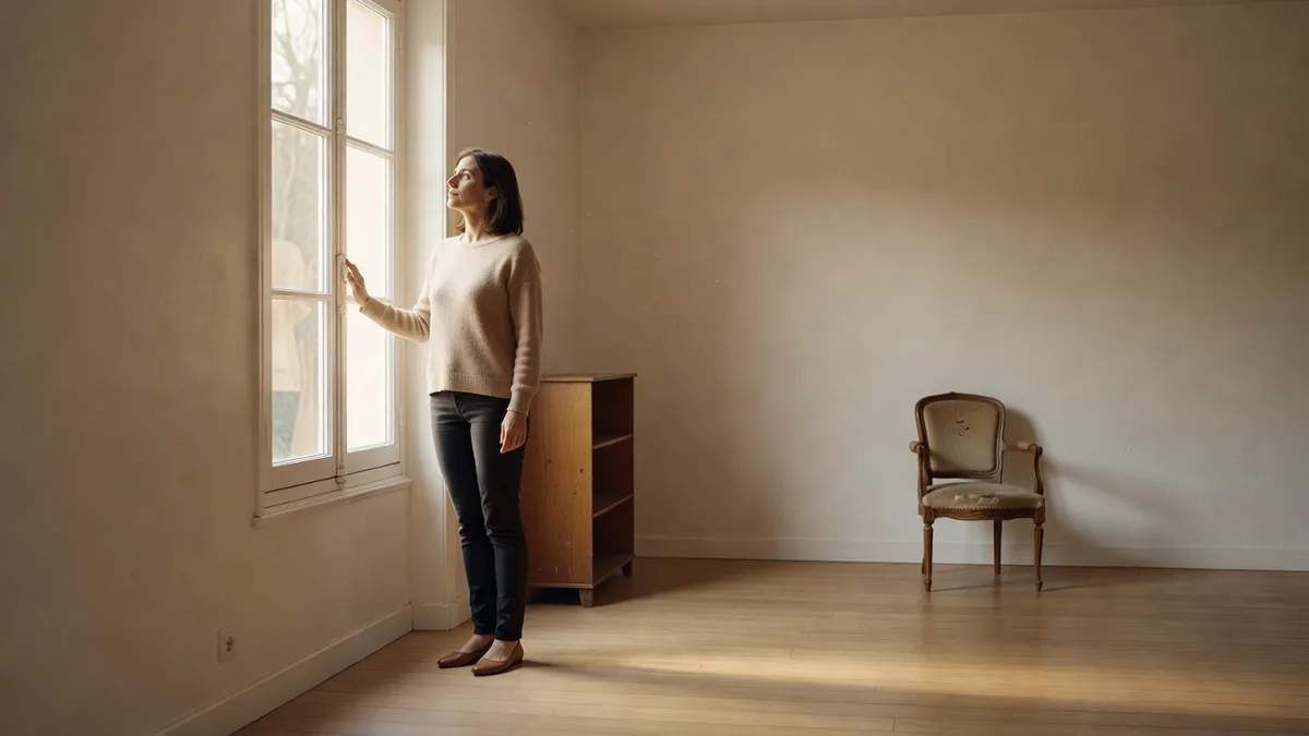 Séjour baigné de lumière naturelle vu depuis l'entrée pendant une visite immobilière