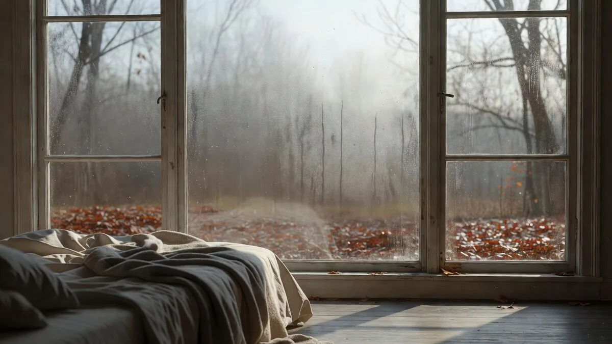 Vitre embuée, chambre au matin.
