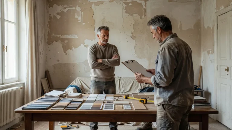 Deux dossiers de devis de travaux côte à côte sur une table de lecture dans un intérieur lumineux