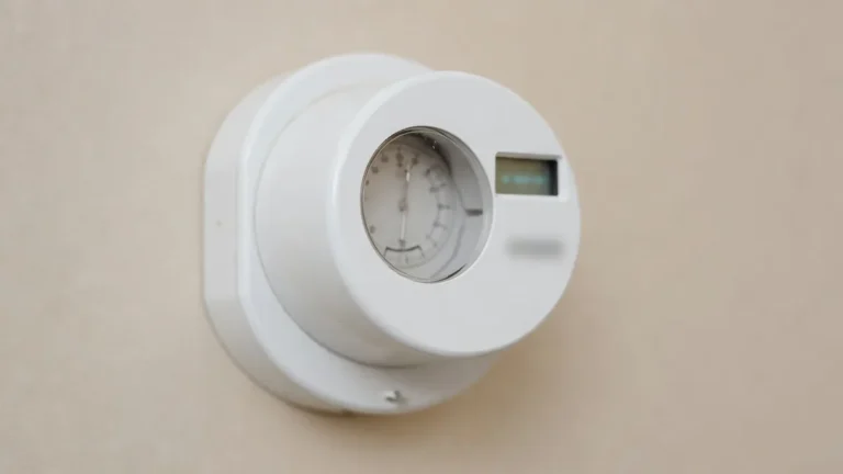 Compteur électrique blanc au mur, cadran flou, sans marque lisible.