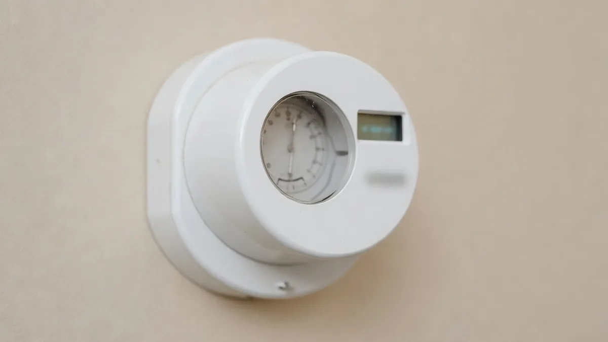 Compteur électrique blanc au mur, cadran flou, sans marque lisible.