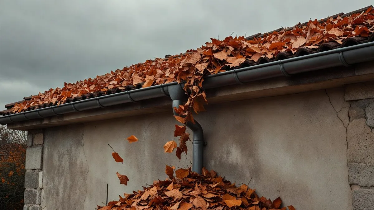 Feuilles d'octobre débordant d'une gouttière, au coin d'une maison.