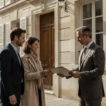 Un notaire remet un document de vente à un couple devant leur future maison