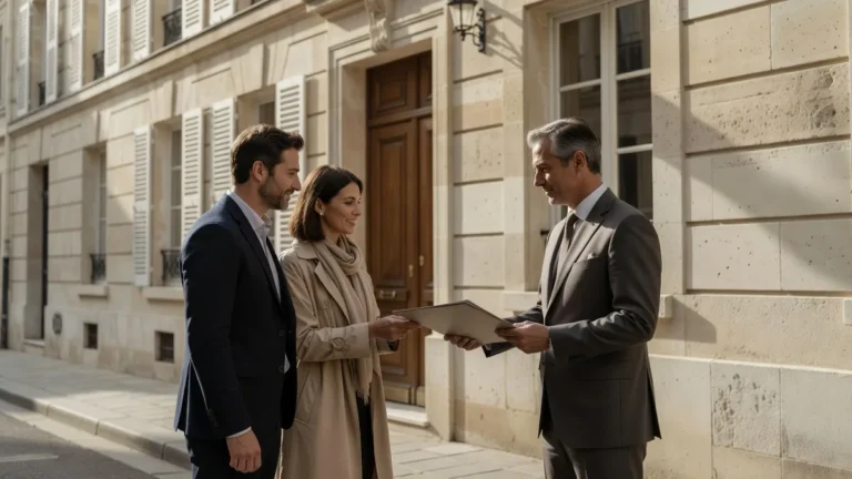 Un notaire remet un document de vente à un couple devant leur future maison