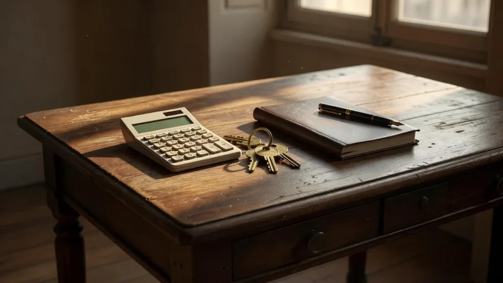 Bureau de notaire avec calculatrice et documents disposés pour un calcul d'achat