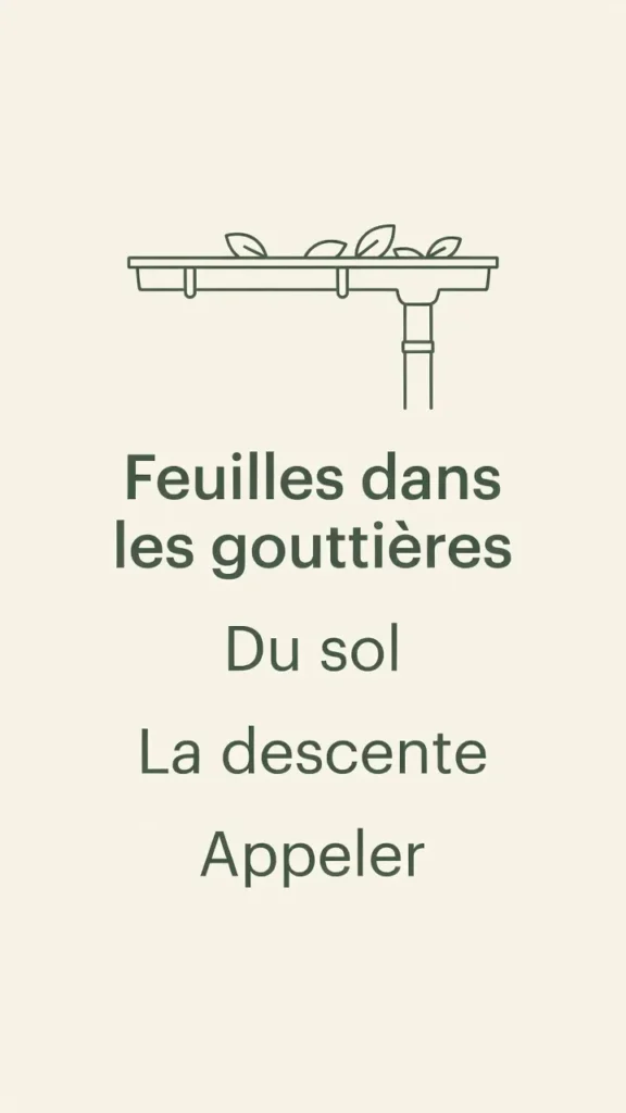 Schéma d'une gouttière : regarder du sol, la descente, puis appeler.