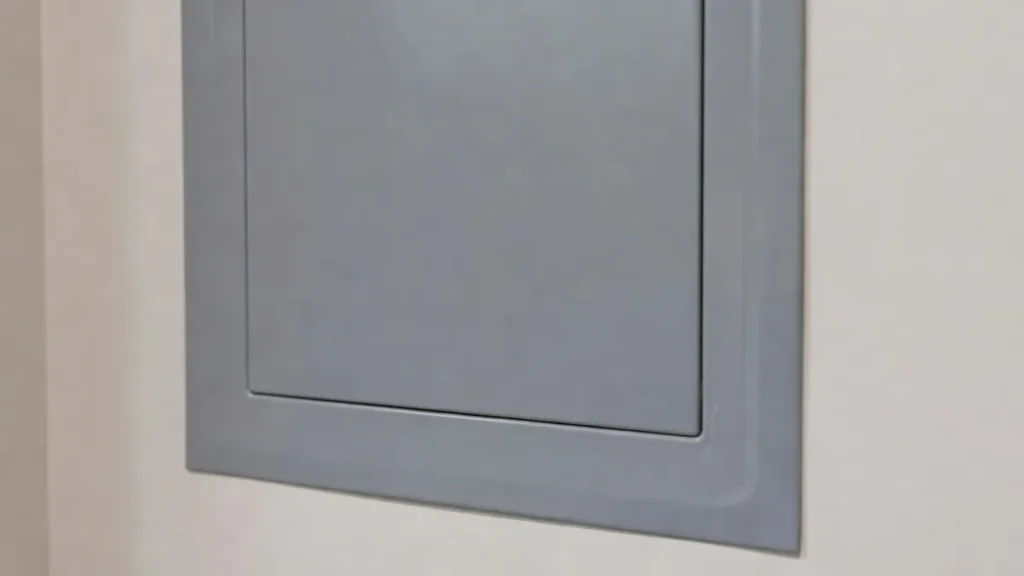 Porte de tableau électrique fermée, grise, sans inscription.