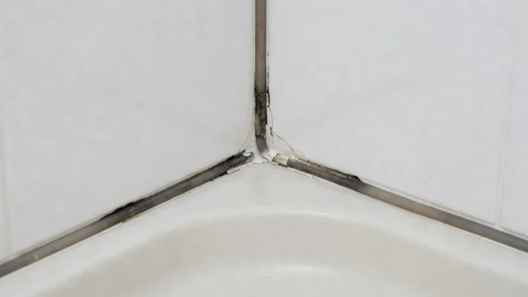 Angle de douche avec un joint de silicone noirci, sans marque.