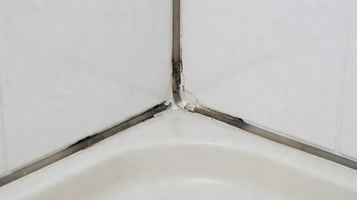 Angle de douche avec un joint de silicone noirci, sans marque.