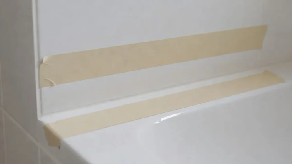 Deux bandes de scotch sans marque, un espace vide entre elles, dans un angle de douche.