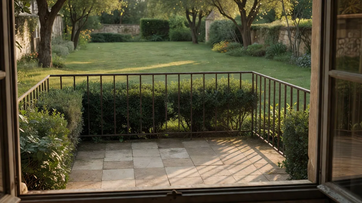 Vue depuis un étage de maison vers le jardin voisin avec haie discrète