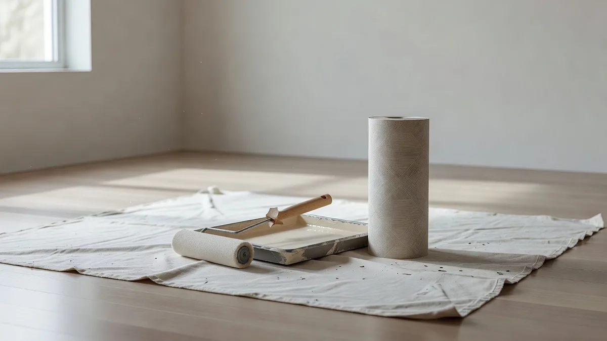 Pan de papier peint graphique à côté d'un mur peint dans une pièce lumineuse