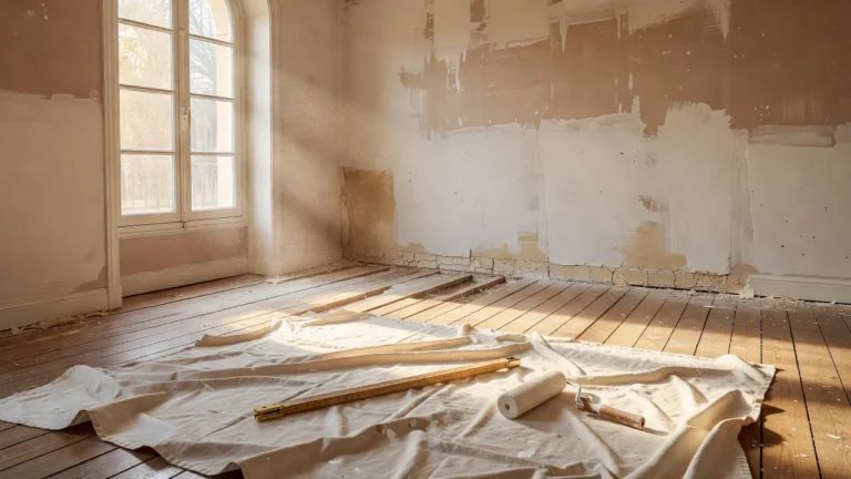 Pièce de maison en travaux de rénovation, outils et matériaux prêts au sol