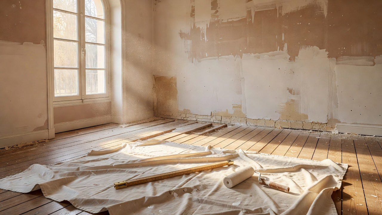 Pièce de maison en travaux de rénovation, outils et matériaux prêts au sol