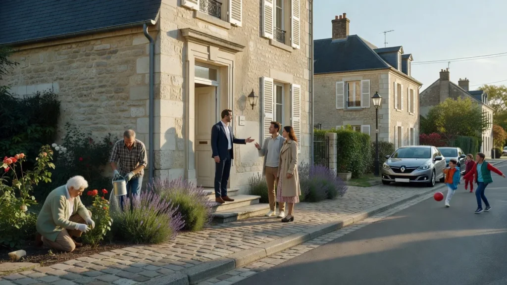Maison et trottoir observés avant une visite immobilière le week-end